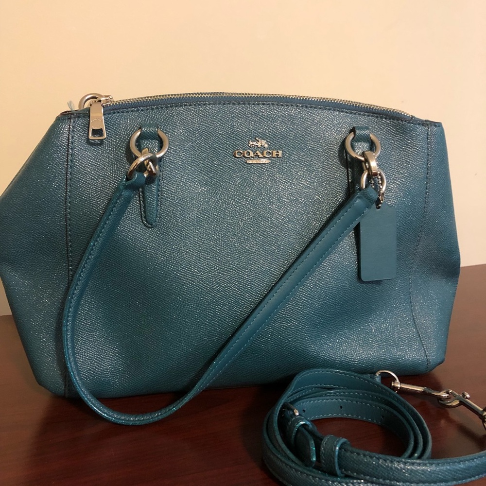 Coach handbag, Teal (blue/green) leather with shimmer and with silver hardware